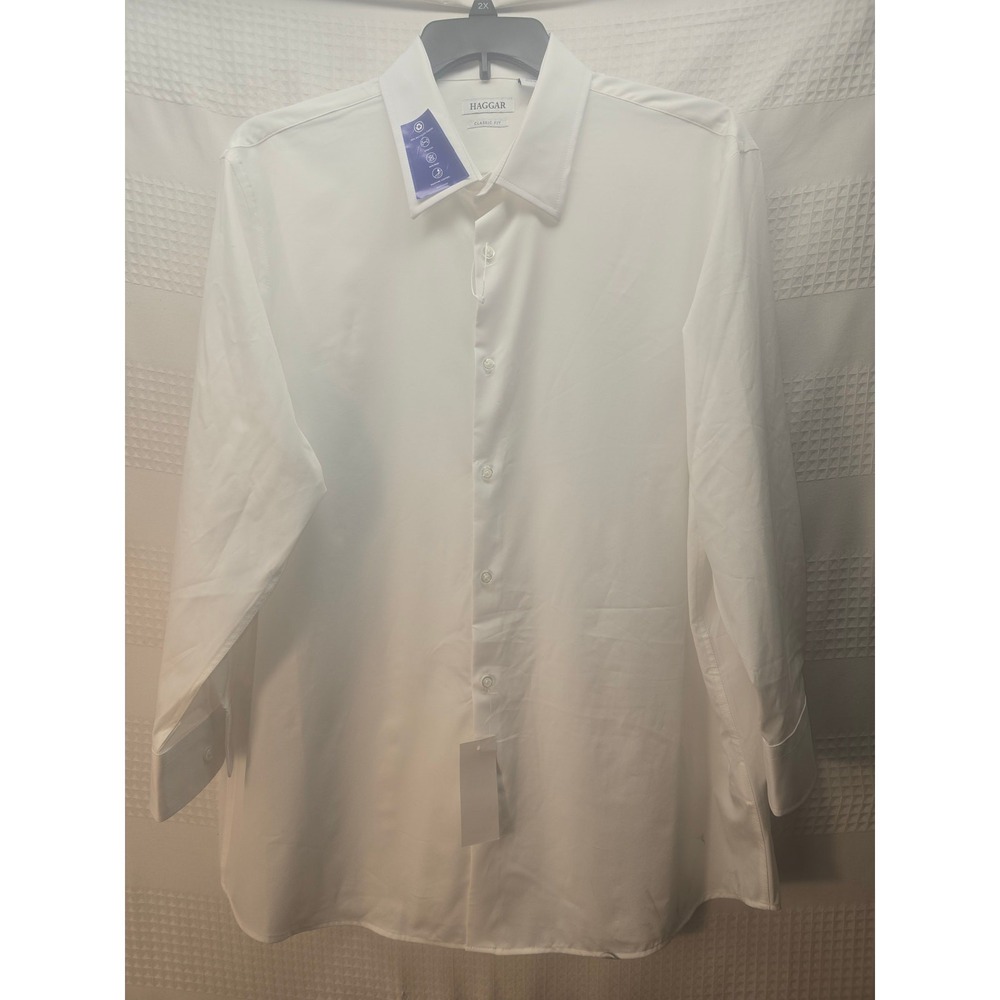 Haggar Mens Classic Fit Dress Shirt White 17 32/33 HAT016HR640 Stretch FLAW